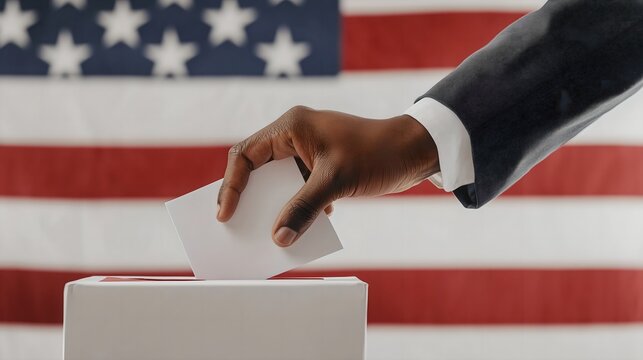 American voter with a ballot paper in hand and America flag