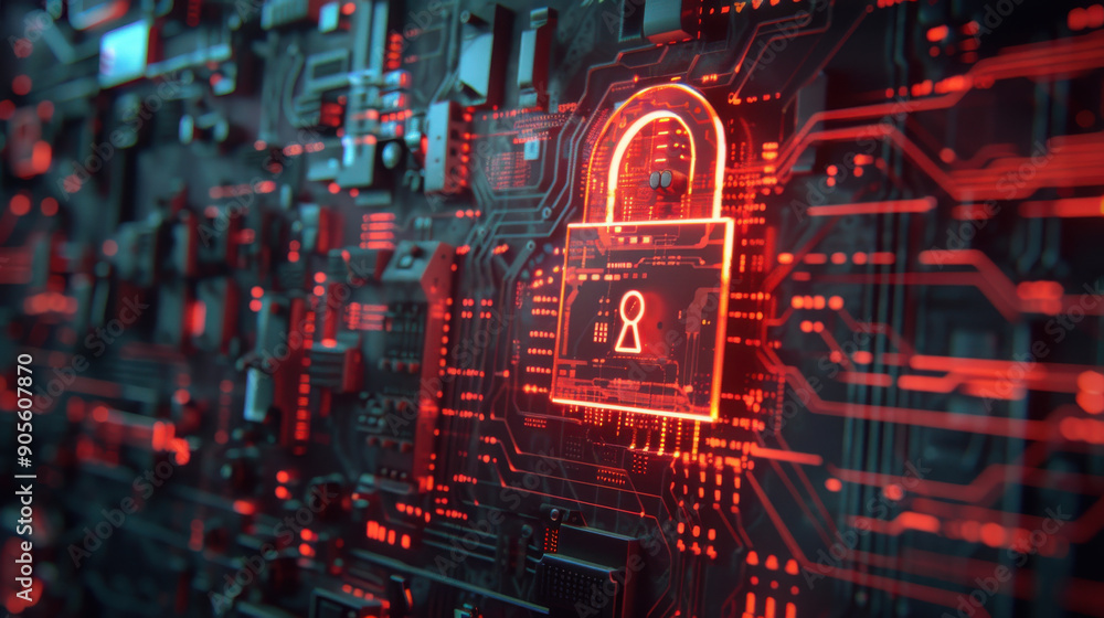 Aufkleber digital breach visual featuring a red warning padlock and signs of a system hack.