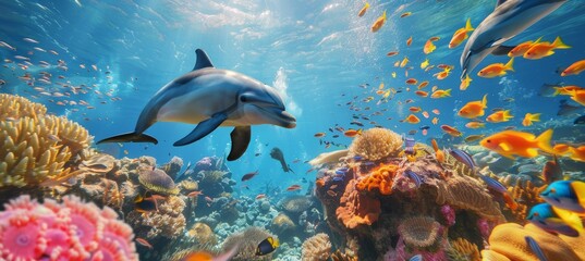 Vibrant Underwater Scene with Dolphins and Tropical Fish in a Colorful Coral Reef