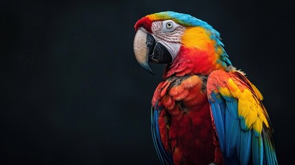 Fototapeta premium Scarlet Macaw with Vibrant Feathers Against a Dark Background