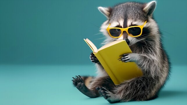 Wisdom and education concept image with a wise raccon reading a book on blue background with copy space