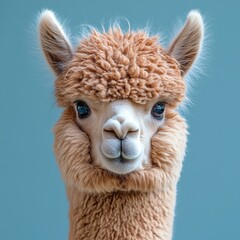 Obraz premium Portrait of an Alpaca with Funny Expression on Solid Blue Background - Professional Photography in Minimalist Style 