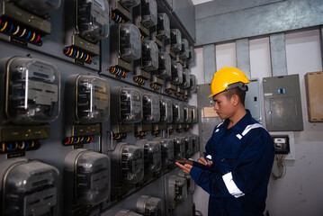 Electrical maintenance engineer checking .Electricity meter, main distribution board and write down...