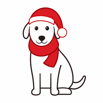 recommend clip art: line art christmas dog with santa claus vector   illustration