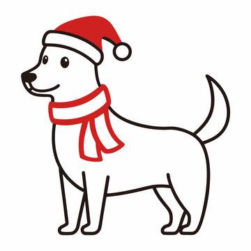 recommend clip art: line art christmas dog with santa claus vector   illustration