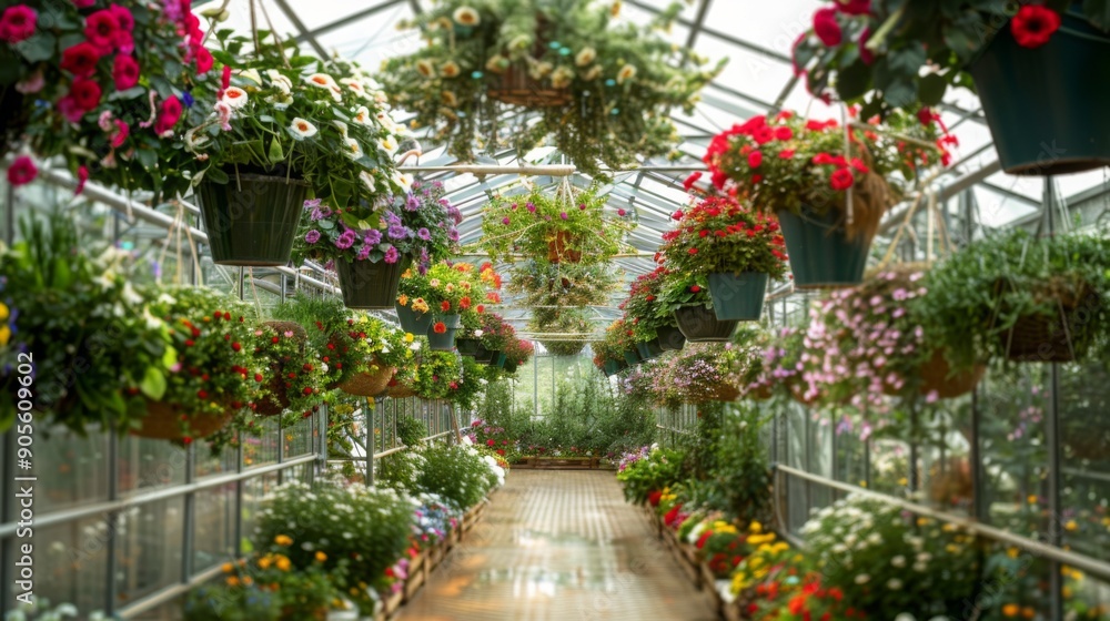 Poster A lush greenhouse showcases an array of colorful flowers and hanging baskets, creating a serene atmosphere filled with natural beauty.