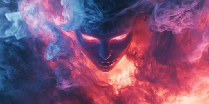 Haunting Female Face with Glowing Eyes in Colored Smoke