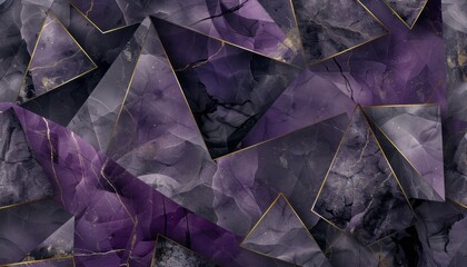 Elegant grey, purple and golden ink mix marble color Abstract geometrical Background uneven surface with Opulent low poly Triangle small sized Pattern and Golden Illumination Lines Abstract.