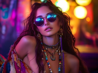 Obraz premium Beautiful young hippie girl in fashionable bohemian style clothes at neon party. Fashionable banner for night club.