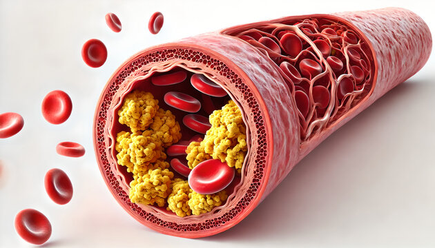 Hyperlipidemia: Atherosclerotic Blood Vessel with Plaque and High Cholesterol and Triglycerides - Detailed Illustration of a Clogged Artery-i