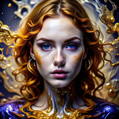 Obraz premium A woman with glittering makeup and a detailed crown resembling a mythical sea creature, set against a soft-focus outdoor background. Fantasy, beauty, artistic.