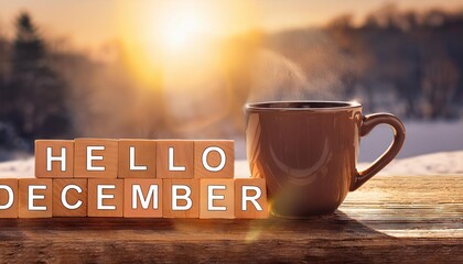 Hello December greeting card with coffee mug