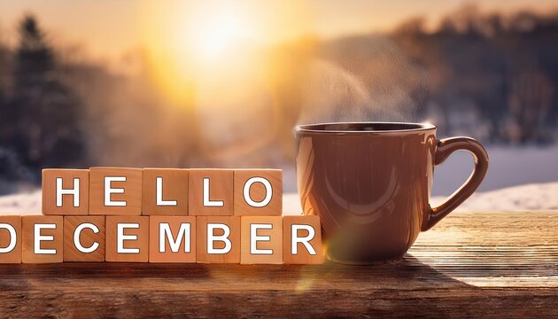 Hello December greeting card with coffee mug