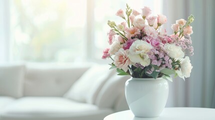 Pastel Floral Arrangement in White Vase with Sunlit Background for Elegant Home Decor