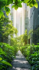 Obraz premium Corporate ESG Reporting and Nature Awareness: Green Elements with Business Buildings and Copy Space for Text, Emphasizing Environmental, Social, and Governance Responsibility