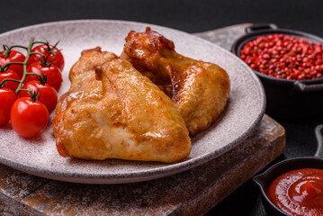 Delicious fried chicken wings with salt, spices and herbs