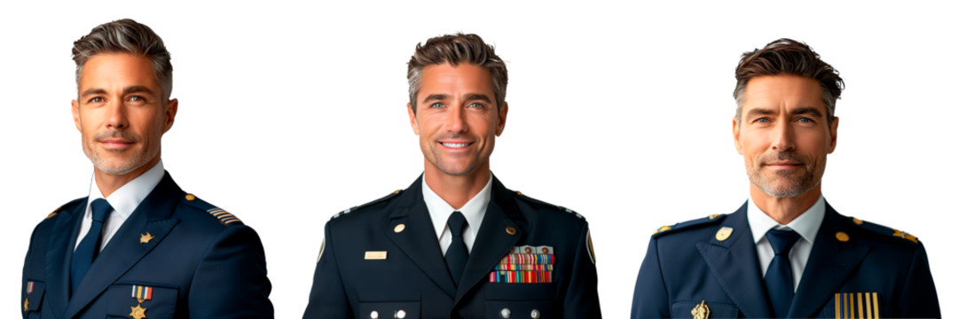 A set of portrait of a man of European appearance on a white or transparent background. Flight attendant in uniform, looking at the camera, pilot's assistant.
