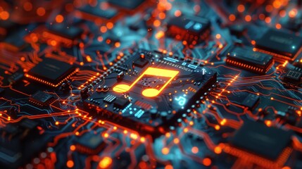 A vibrant circuit board featuring a glowing music note, symbolizing the fusion of technology and music.