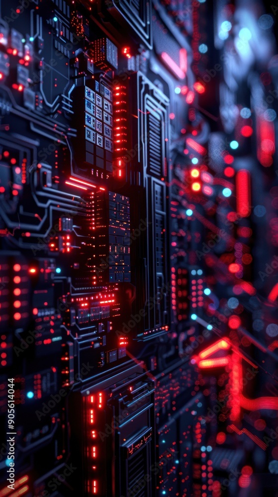 Poster close-up view of a futuristic circuit board with glowing red and blue lights, showcasing advanced te