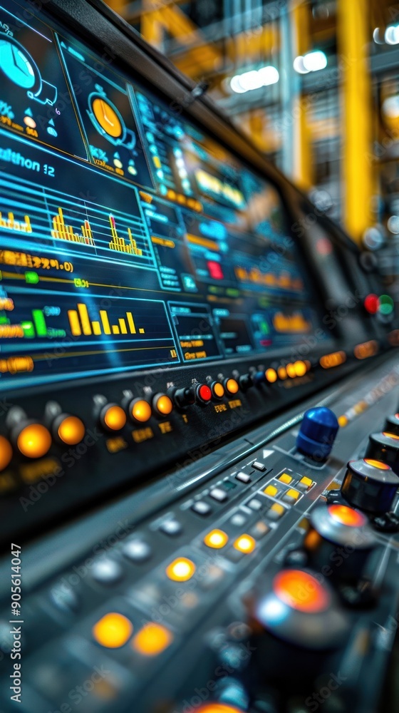 Poster close-up of an industrial control panel showcasing advanced technology with vibrant screens and illu