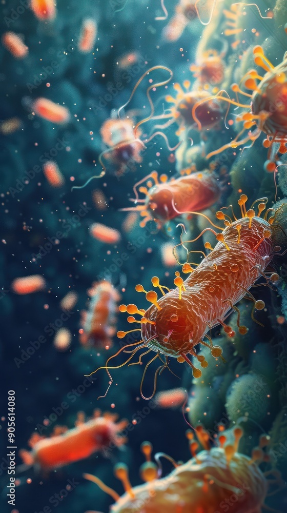 Poster close-up view of colorful bacteria under a microscope, showcasing their intricate structures and bio