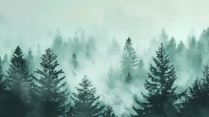 Obraz premium Misty landscape with fir forest in vintage retro style.