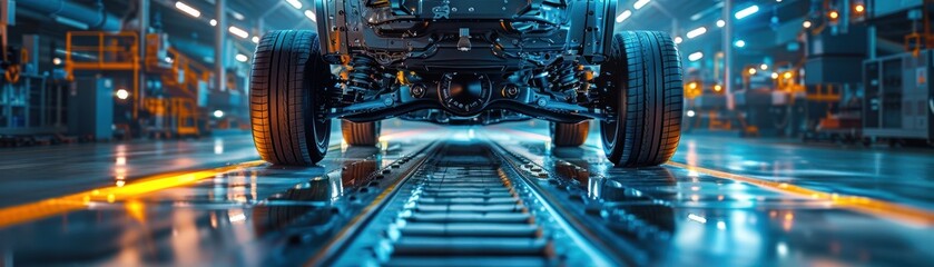 Fototapeta premium A close-up view of a vehicle chassis in an industrial setting, showcasing wheels and production environment with dynamic lighting.