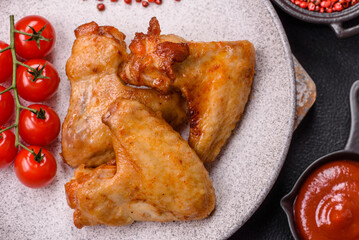 Delicious fried chicken wings with salt, spices and herbs