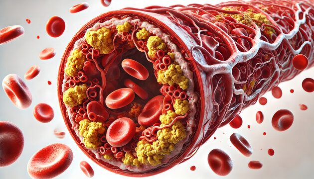 Hyperlipidemia: Atherosclerotic Blood Vessel with Plaque and High Cholesterol and Triglycerides - Detailed Illustration of a Clogged Artery-f