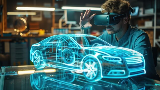 A designer uses a virtual reality headset to create a digital model of a futuristic car in a modern workspace.