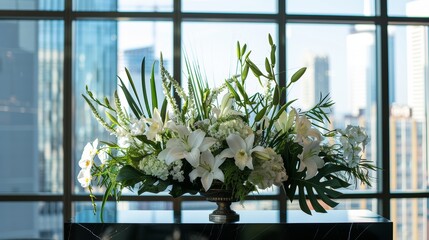 Elegant Floral Arrangement for Corporate Event with White Lilies and Orchids Against Cityscape Backdrop