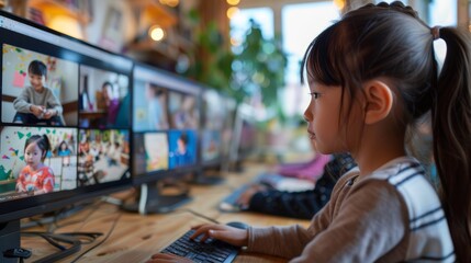 Child Engaged in Virtual Storytime Session with Teacher Reading Picture Book on Screen