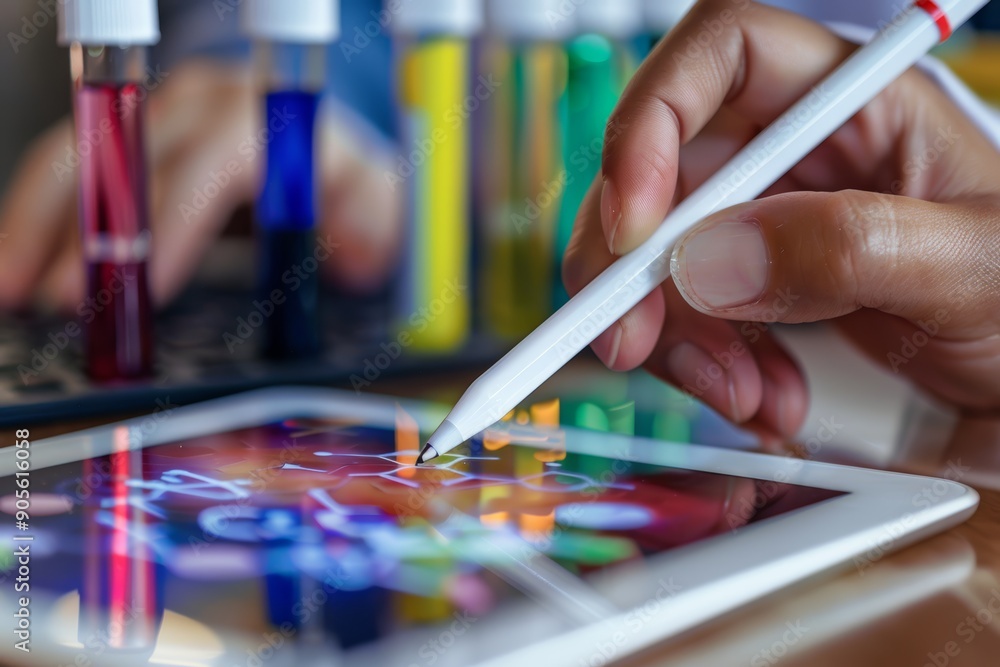 Poster student using stylus on tablet for science activity on educational platform - elearning concept