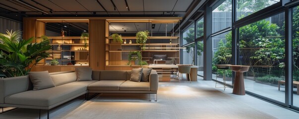 Fototapeta premium Serene Elegance: Minimalist Office Design with Simple Furnishings and Open Spaces