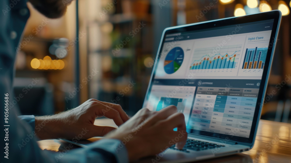 Aufkleber digital marketing analyst reviewing online ad campaign metrics on a laptop. graphical data interface