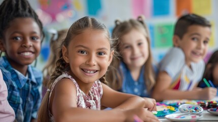 Obraz premium Joyful Children Displaying Arts and Crafts Projects in a Colorful Online Class Setting