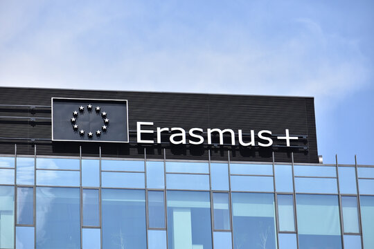 Erasmus+ logo, emblem, signage on the facade. Student exchange programme in Europe. WARSAW, POLAND - JULY 26, 2024