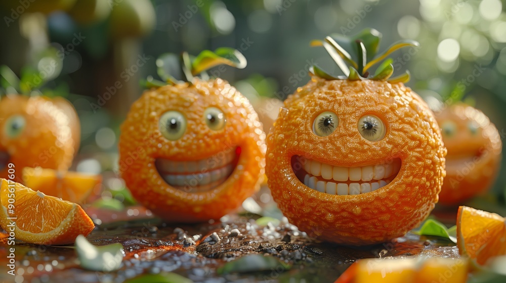 Poster playful smiling oranges with leafy tops surrounded by fresh citrus slices on a sunlit table in a gar