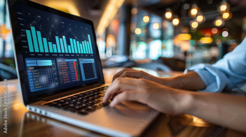 Aufkleber digital marketing analyst reviewing online ad campaign metrics on a laptop. graphical data interface