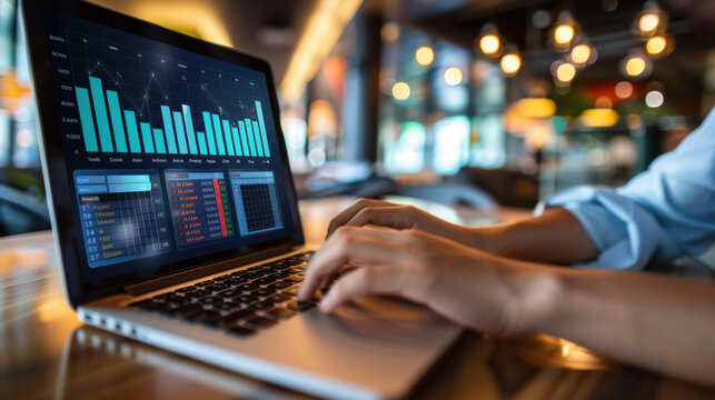 Digital marketing analyst reviewing online ad campaign metrics on a laptop. Graphical data interface showcasing performance of internet and social media ads.