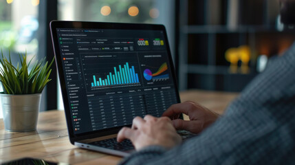 Digital marketing professional reviewing performance metrics of banner ads on a laptop with a graphical data interface. Online advertising campaign analysis.