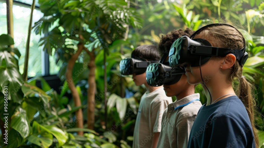 Poster middle school students exploring virtual rainforest with vr goggles for interactive learning experie