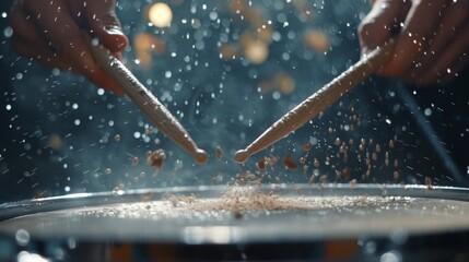 A person is playing drums with two sticks