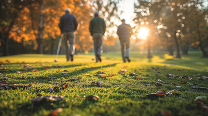 Three mature men walk along a golf course. The sun is shining brightly. Active senior concept.