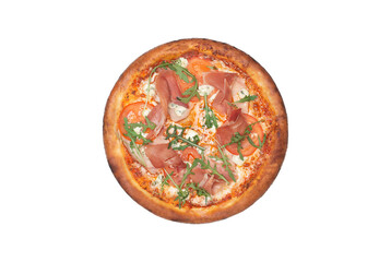 Pizza with mozzarella cheese, gorgonzola cheese, tomato sauce, fresh tomatoes, fresh arugula salad and prosciutto isolated over white background. Top view. Copy space