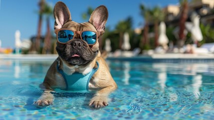 A dog is in a pool wearing sunglasses