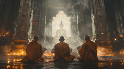 Monks engaged in scriptural study, emphasizing the importance of intellectual and scholarly pursuits