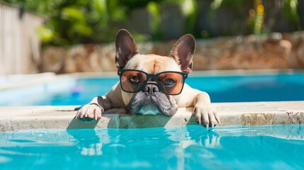A dog is wearing sunglasses and is laying in a pool