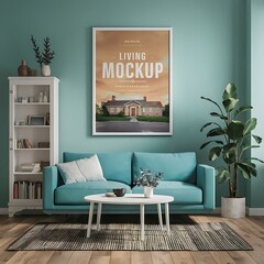 Modern bright interior with empty frame . 3D rendering
