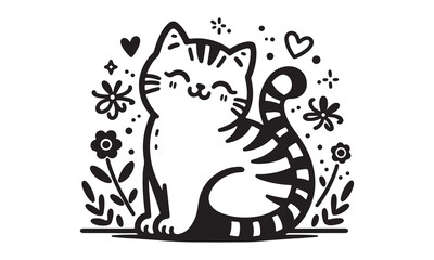 Adorable Smiling Cat with Flowers - Vector Illustration
